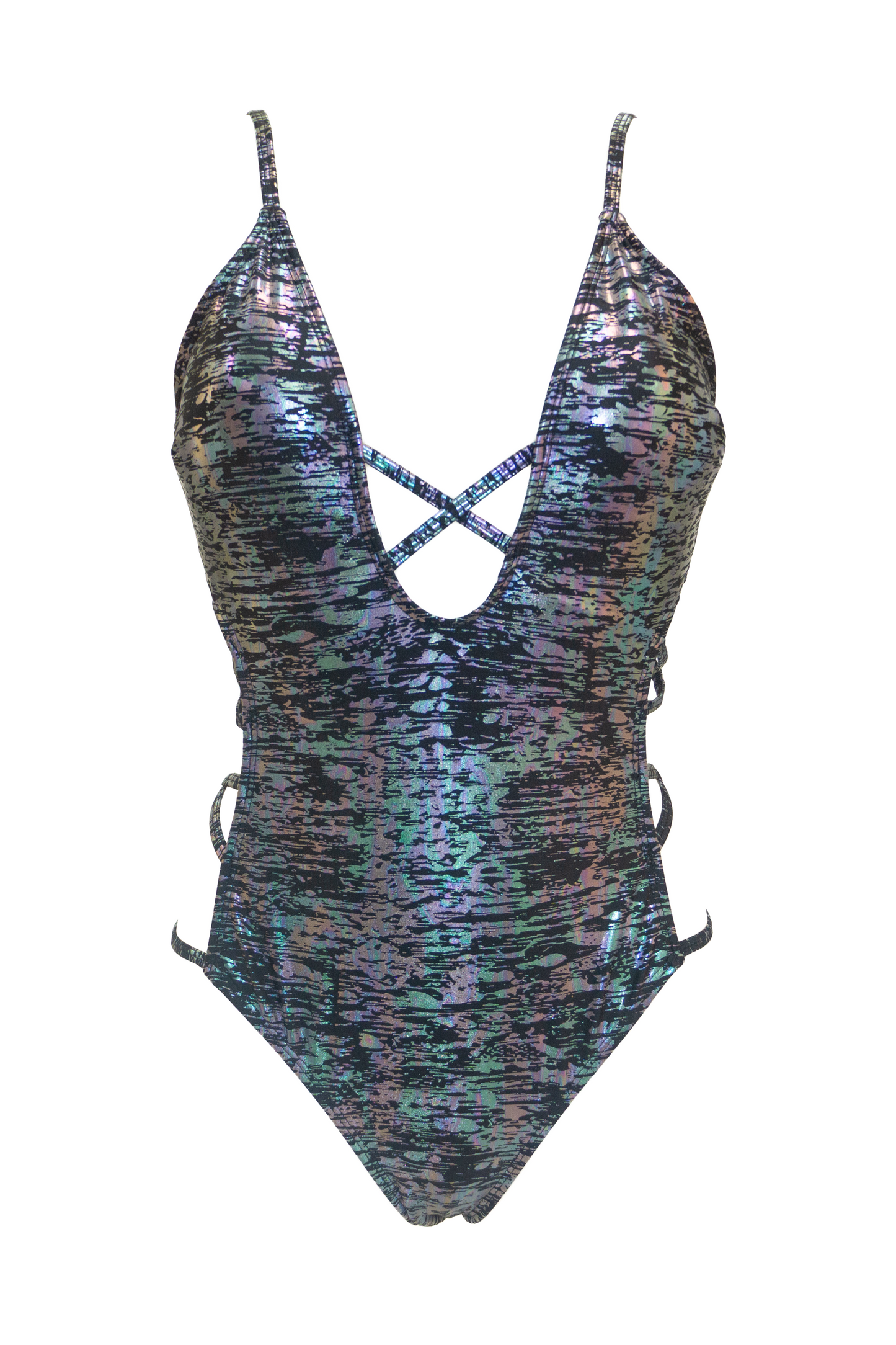 Metallic Black Shatter Lace-Up One Piece